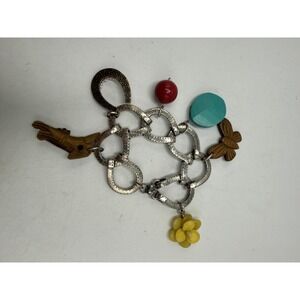 Boho Silver Tone Charm Bracelet Wood Bird Butterfly Horseshoe Daisy Flower Multi